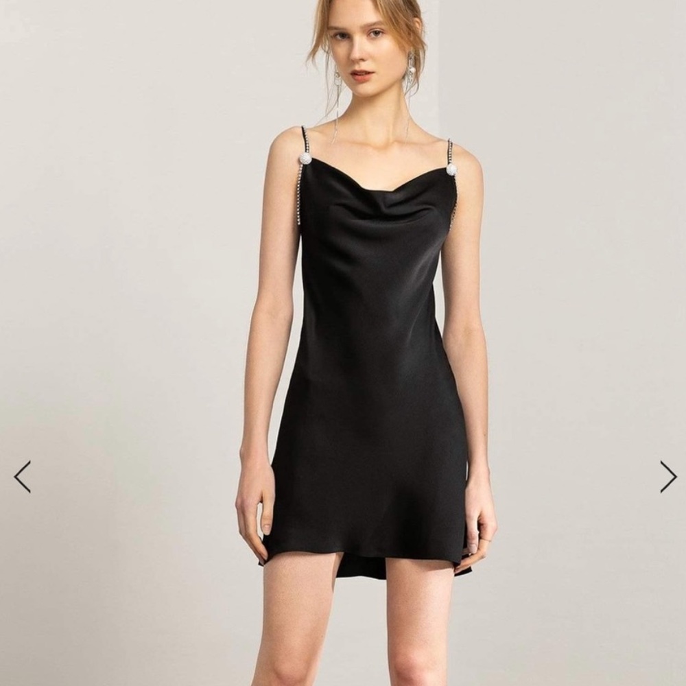 J.ing black satin silky cowl neck mini dress with sparkly straps crystal button